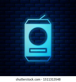 Glowing neon Beer can icon isolated on brick wall background.  Vector Illustration