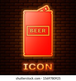Glowing neon Beer can icon isolated on brick wall background.  Vector Illustration