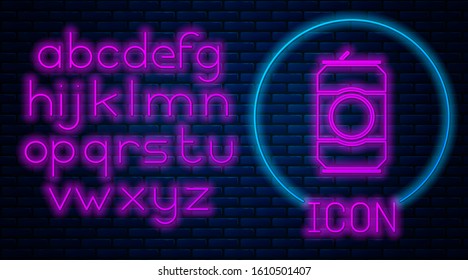 Glowing neon Beer can icon isolated on brick wall background. Neon light alphabet. Vector Illustration