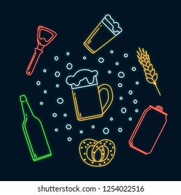 Glowing neon beer glass, mug, can, bottle, malt, pretzel, opener concept. Led luminous sign for bar signboard or night pub. Vector isolated illustration.