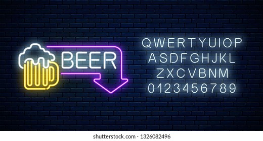 Glowing neon beer pub signboard in rectangle frame with arrow and alphabet on dark brick wall background. Luminous advertising sign of nightclub with bar. Vector illustration.