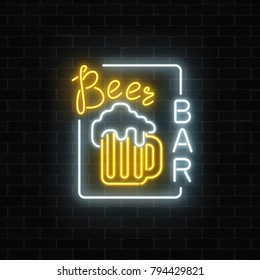 Glowing neon beer pub signboard in rectangle frame on dark brick wall background. Luminous advertising sign of night club with bar. Vector illustration.