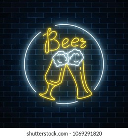 Glowing neon beer sign in circle frame on dark brick wall background. Pub neon symbol with tqo beer glases.