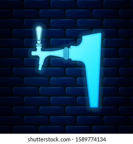 Glowing neon Beer tap icon isolated on brick wall background.  Vector Illustration