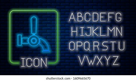 Glowing neon Beer tap icon isolated on brick wall background. Neon light alphabet. Vector Illustration
