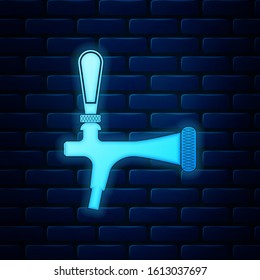 Glowing neon Beer tap icon isolated on brick wall background.  Vector Illustration