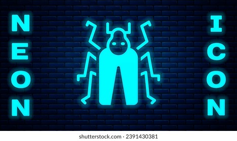 Glowing neon Beetle bug icon isolated on brick wall background.  Vector