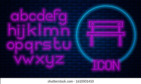 Glowing neon Bench icon isolated on brick wall background. Neon light alphabet. Vector Illustration