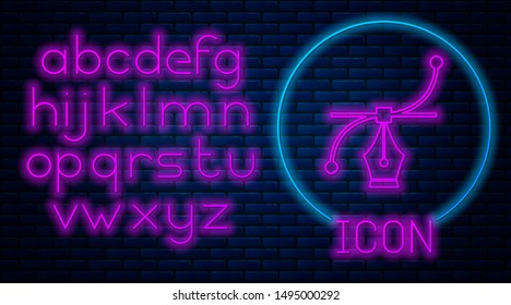 Glowing neon Bezier curve icon isolated on brick wall background. Pen tool icon. Neon light alphabet. Vector Illustration