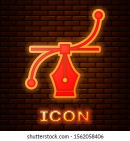 Glowing neon Bezier curve icon isolated on brick wall background. Pen tool icon.  Vector Illustration
