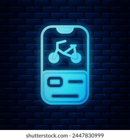 Glowing neon Bicycle rental mobile app icon isolated on brick wall background. Smart service for rent bicycles in the city. Mobile app for sharing system.  Vector