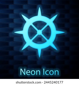 Glowing neon Bicycle sprocket crank icon isolated on brick wall background.  Vector