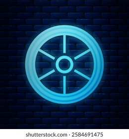 Glowing neon Bicycle wheel icon isolated on brick wall background. Bike race. Extreme sport. Sport equipment.  Vector