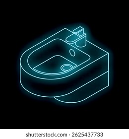 Glowing neon bidet in dark bathroom, isometric projection