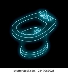 Brilhante bidê de néon iluminando um banheiro escuro, acrescentando um toque futurista à higiene pessoal