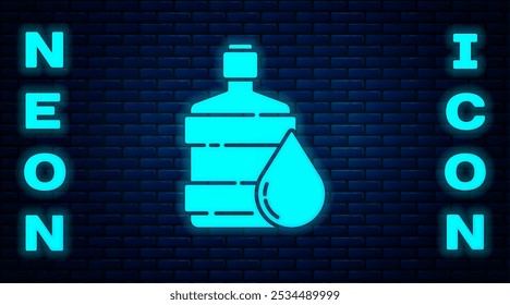 Glowing neon Big bottle with clean water icon isolated on brick wall background. Plastic container for the cooler.  Vector Illustration