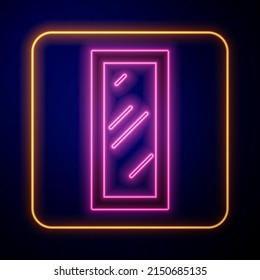 Glowing Neon Big Full Length Mirror For Bedroom, Shops, Backstage Icon Isolated On Black Background.  Vector