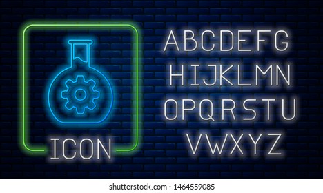 Glowing neon Bioengineering icon isolated on brick wall background. Element of genetics and bioengineering icon. Biology, molecule, chemical icon. Neon light alphabet. Vector Illustration