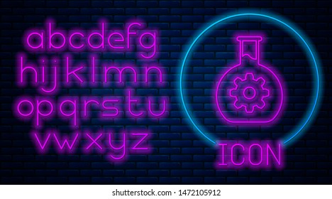 Glowing neon Bioengineering icon isolated on brick wall background. Element of genetics and bioengineering icon. Biology, molecule, chemical icon. Neon light alphabet. Vector Illustration