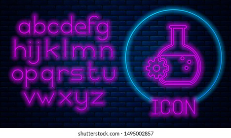 Glowing neon Bioengineering icon isolated on brick wall background. Element of genetics and bioengineering icon. Biology, molecule, chemical icon. Neon light alphabet. Vector Illustration