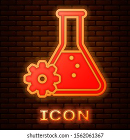 Glowing neon Bioengineering icon isolated on brick wall background. Element of genetics and bioengineering icon. Biology, molecule, chemical icon.  Vector Illustration