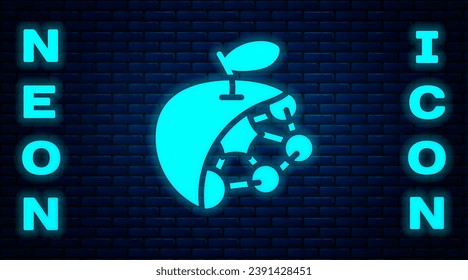 Glowing neon Biological structure icon isolated on brick wall background. Genetically modified organism and food.  Vector