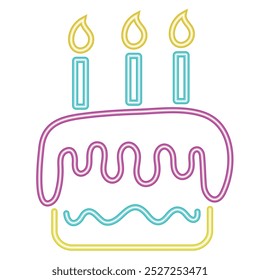 glowing neon birthday cake with burning candles isolated