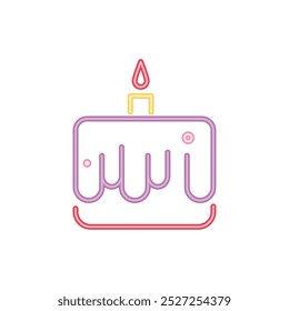 glowing neon birthday cake with burning candle isolated