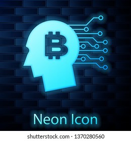 Glowing neon Bitcoin think icon isolated on brick wall background. Cryptocurrency head. Blockchain technology, bitcoin, digital money market, cryptocoin wallet. Vector Illustration