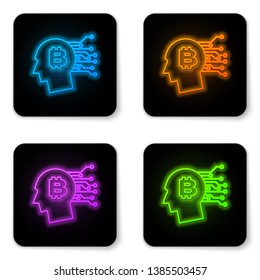 Glowing neon Bitcoin think icon isolated on white background. Cryptocurrency head. Blockchain technology, bitcoin, digital money market, cryptocoin wallet. Black square button. Vector Illustration