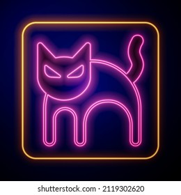 Glowing neon Black cat icon isolated on black background. Happy Halloween party.  Vector