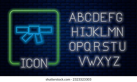 Glowing neon Black karate belt icon isolated on brick wall background. Neon light alphabet. Vector