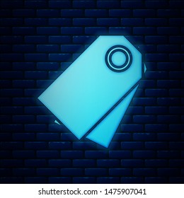 Glowing neon Blank label template price tag icon isolated on brick wall background. Empty shopping discount sticker. Template discount banner.  Vector Illustration