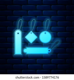 Glowing neon Blank labels template price tags set icon isolated on brick wall background. Empty shopping discounts stickers. Template discount banners set.  Vector Illustration