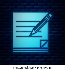 Glowing neon Blank notebook and pencil with eraser icon isolated on brick wall background. Paper and pencil.  Vector Illustration