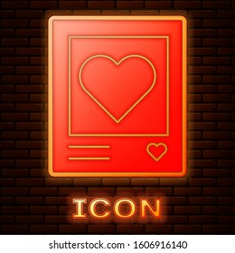 Glowing neon Blanks photo frames and hearts icon isolated on brick wall background. Valentines Day symbol.  Vector Illustration