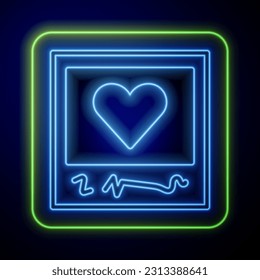 Glowing neon Blanks photo frames and hearts icon isolated on blue background. Valentines Day symbol.  Vector
