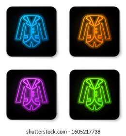 Glowing neon Blazer or jacket icon isolated on white background. Black square button. Vector Illustration