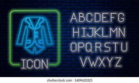 Glowing neon Blazer or jacket icon isolated on brick wall background. Neon light alphabet. Vector Illustration