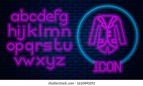 Glowing neon Blazer or jacket icon isolated on brick wall background. Neon light alphabet. Vector Illustration