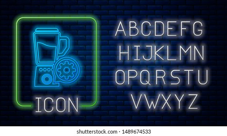 Glowing neon Blender with bowl and gear icon isolated on brick wall background. Adjusting app, service concept, setting options, maintenance, repair, fixing. Neon light alphabet. Vector Illustration