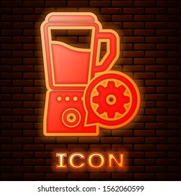 Glowing neon Blender with bowl and gear icon isolated on brick wall background. Adjusting app, service concept, setting options, maintenance, repair, fixing.  Vector Illustration