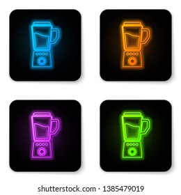 Glowing neon Blender icon isolated on white background. Kitchen electric stationary blender with bowl. Cooking smoothies, cocktail or juice. Black square button. Vector Illustration