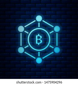 Glowing neon Blockchain technology Bitcoin icon isolated on brick wall background. Abstract geometric block chain network technology business.  Vector Illustration