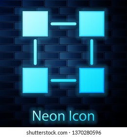 Glowing neon Blockchain technology icon isolated on brick wall background. Cryptocurrency data sign. Abstract geometric block chain network technology business. Vector Illustration