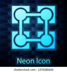 Glowing neon Blockchain technology icon isolated on brick wall background. Cryptocurrency data sign. Abstract geometric block chain network technology business. Vector Illustration
