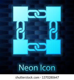 Glowing neon Blockchain technology icon isolated on brick wall background. Cryptocurrency data sign. Abstract geometric block chain network technology business. Vector Illustration
