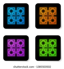 Glowing neon Blockchain technology icon isolated on white background. Cryptocurrency data sign. Abstract geometric block chain network technology business. Black square button. Vector Illustration