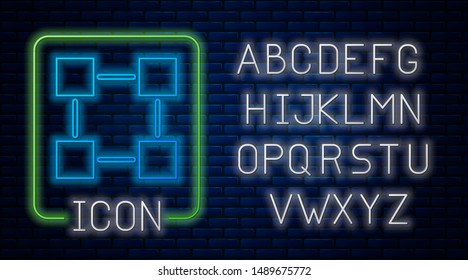 Glowing neon Blockchain technology icon isolated on brick wall background. Cryptocurrency data. Abstract geometric block chain network technology business. Neon light alphabet. Vector Illustration