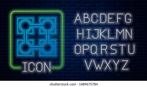 Glowing neon Blockchain technology icon isolated on brick wall background. Cryptocurrency data. Abstract geometric block chain network technology business. Neon light alphabet. Vector Illustration